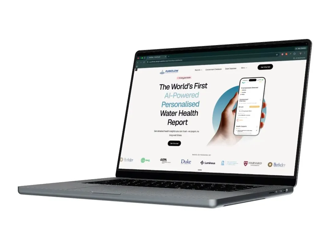 The Pureflow website displayed on a laptop, showing its water-health report software